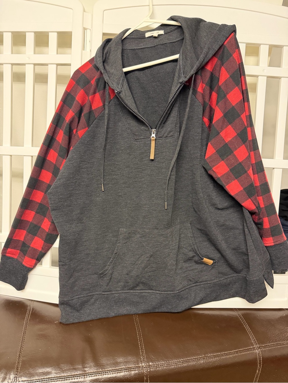 Maurices Charcoal Zip Hoodie with Red Plaid Sleeves